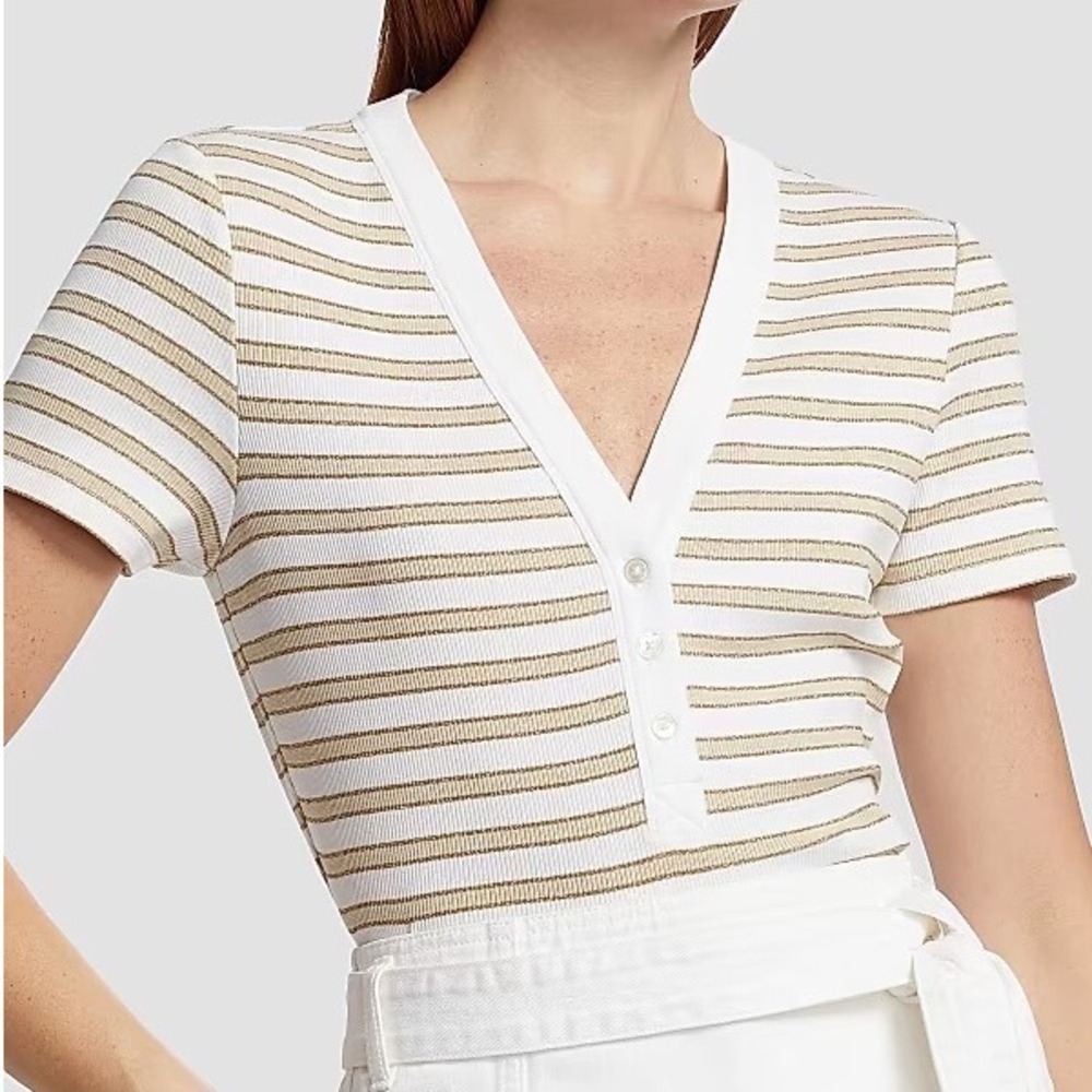 Veronica Beard Dekalb top M White Tan Gold Metallic Striped Henley Top